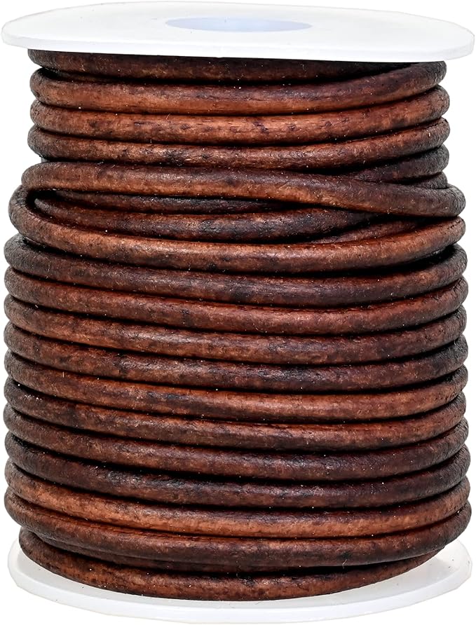 GENIQUE Real/Genuine Round Leather Cord for Jewelry Making, Leather String Cord for Crafting, Necklace, Bracelets, Braiding, Wraps (3mm, Antique Brown Distressed)