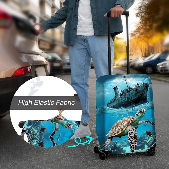 Luggage Cover Protector for 22-24 Inch Suitcases, TSA Approved Elastic Travel Suitcase Covers, Anti-Scratch Washable Luggage Sleeve for Carry On & Checked Bags, Majestic Sea Turtle