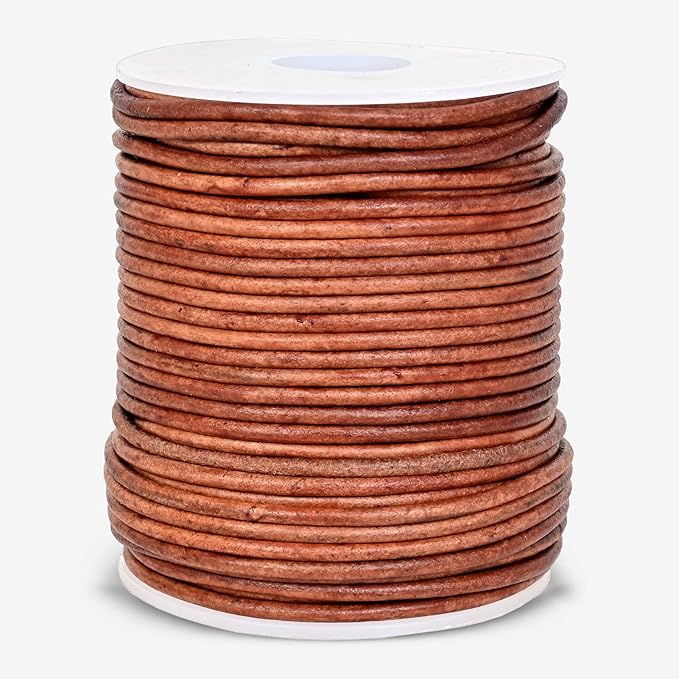 GENIQUE Real/Genuine Round Leather String Cord for Necklace, Bracelets, Jewelry, Kumihimo Braiding, DIY Projects (20 Metres) (2mm, Light Brown Distressed)