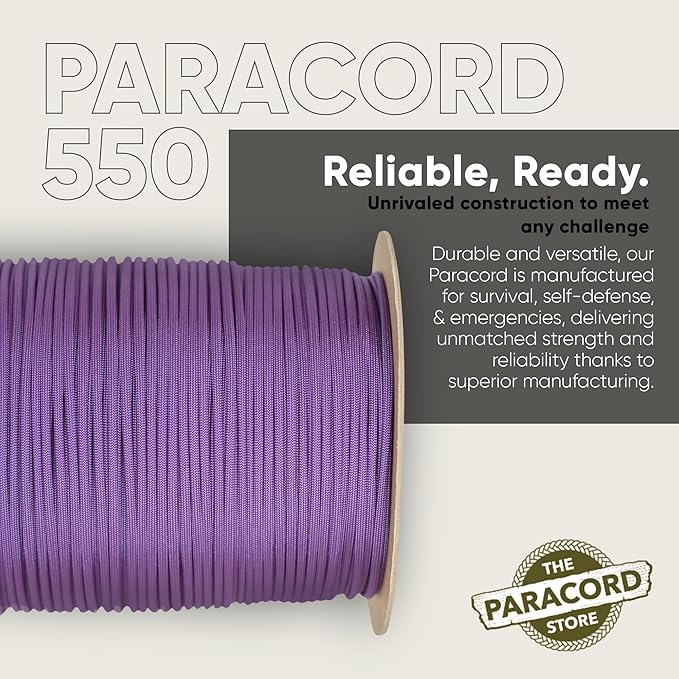 The Paracord Store | Type III 550 Paracord - 1000 FT Spool, Purple | Heavy Duty 7 Strand Tactical Paracord - USA Made Nylon Outdoor Parachute Cord for Camping, Fishing & More - Survival Cord