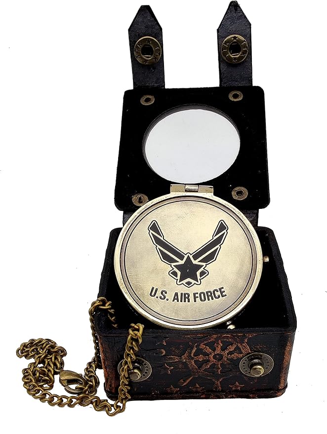 5MoonSun5's US AIR Force Engraved Brass Military Compass Nautical Marine with Leather Display Case - Perfect and Unique Gift for Army Person - Survival Navigation Compass for Hiking Camping Hunting