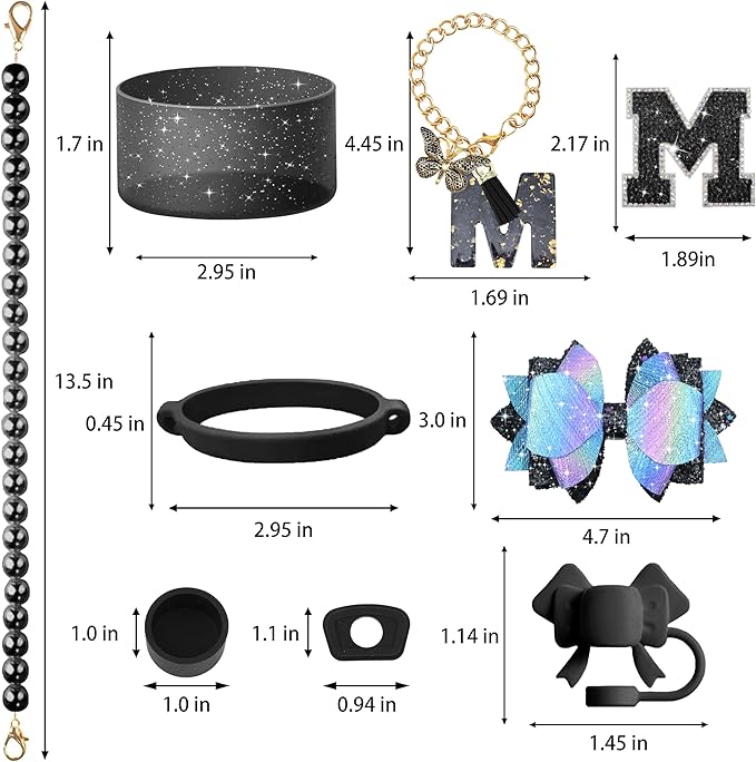 9PCS Black for Stanley Cup Accessories Set Bling Initials Bow Charms for Stanley Decorations 30/40 Oz Tumbler Accessories Including Bow Straw Topper, Handle Strap, Spill Stopper（Letter M）