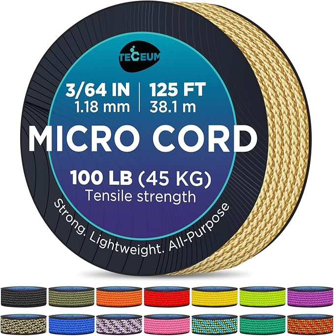 TECEUM Micro Paracord – 1.18 mm X 125 ft – Micro Utility Cord – Thin Braided Paracord Rope – Best for Crafting, DIY Projects, Fishing, Camping – Wind Chime Replacement – Survival Strong String