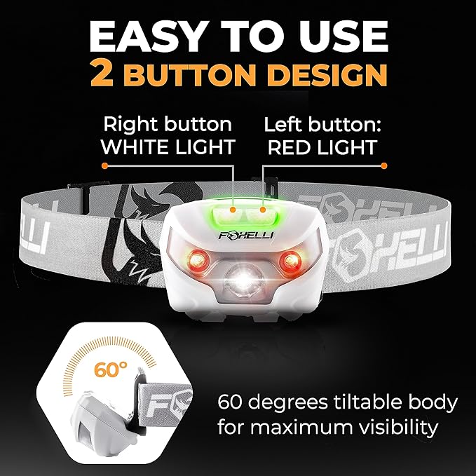 Foxelli USB-C Rechargeable LED Headlamp – Super Bright, Lightweight Head Lamp for Running, Camping, Hiking & Work – Comfortable Fit for Adults & Kids