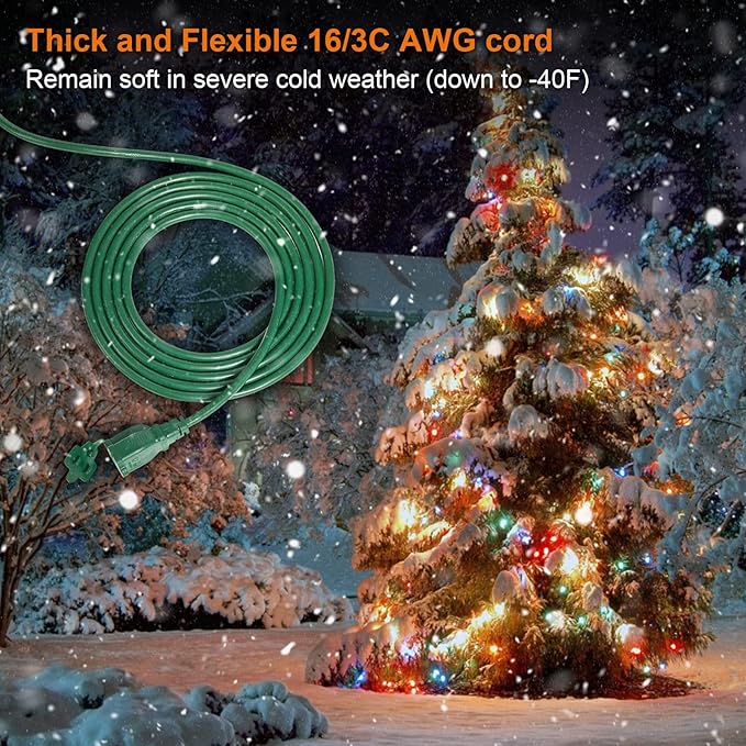 SURAIELEC Outdoor Extension Cord with Multiple Outlets, (34+6+6+6) 52FT Total, 40FT End to End, 1-3 Outlet Cord Splitter, 16/3C SJTW, for Landscape, Christmas Light, Halloween Decorations, Green