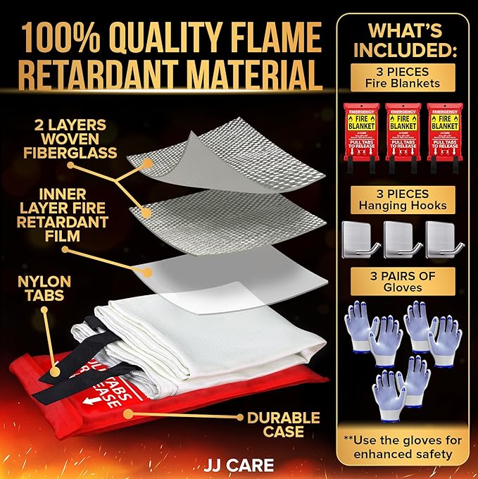 JJ CARE Fire Blanket – 3 Packs with Hooks and Gloves – 40” x 40” Fire Blankets Emergency for Home and Kitchen, High Heat Resistant and Flame Protection for Kitchen, Car, Office, Camping & Home Safety