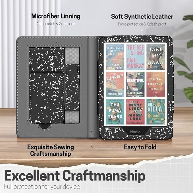 TNP Stand Case for Kindle Paperwhite 12th Generation 2024 / Kindle Colorsoft Signature Edition with Hand Strap - 7" PU Leather Protective Folio Cover with Auto Wake/Sleep, Composition Book Black