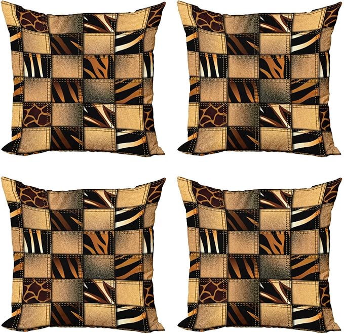 Ambesonne Safari Decorative Throw Pillow Case Pack of 4, Jeans Denim Patchwork in Safari Style Wilderness Design Art Print, Cushion Cover for Couch Living Room Car, 24", Brown Black