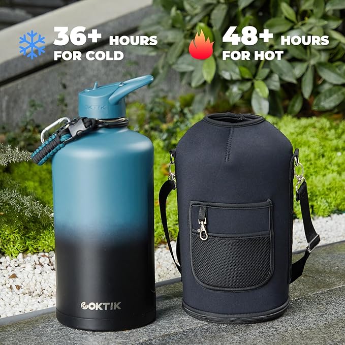COKTIK 128oz Insulated Water Bottle - Stainless Steel Vacuum Metal, Portable 1 Gallon Large-Capacity Sports Bottle with Straw, Carry Bag and Handle Strap, Ideal for Gym & Hiking(Dark Night)