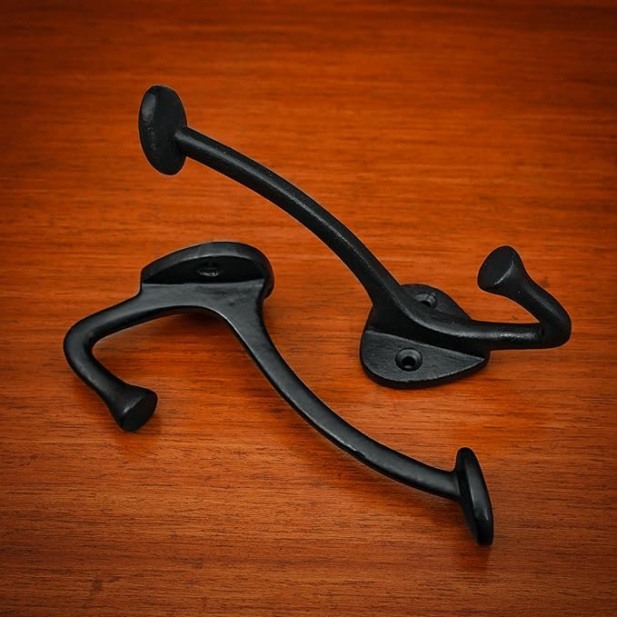 "Mystic Colonial Medieval Cast Iron Wall Hooks � Set of 2 (4 in x 3 in) Heavy Duty Dual Hooks for Coats, Hats, Keys & Bags | Rustic Black Metal Hangers | Strong, Sturdy & Decorative Wall Hardware"