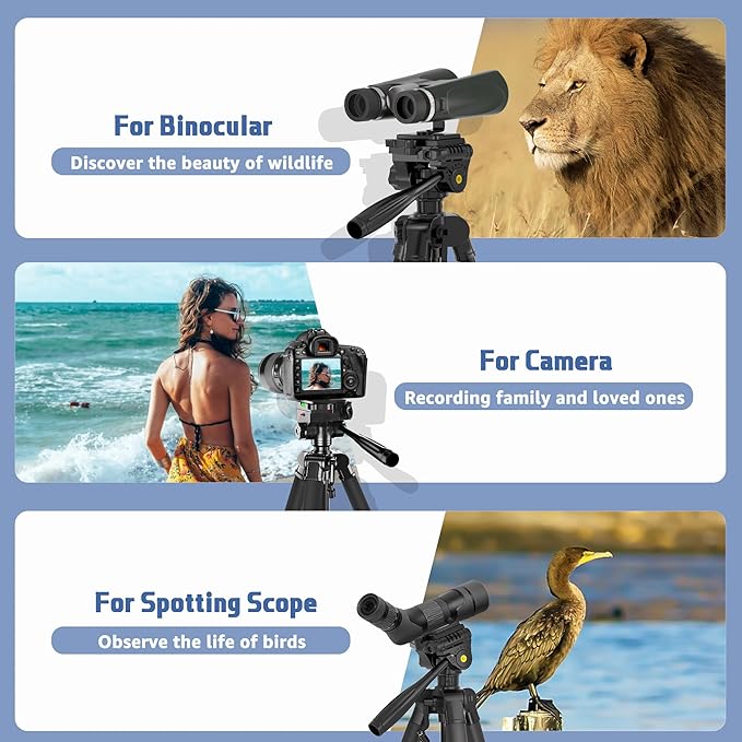 Binocular Tripod, 72” Spotting Scope Tripod Stand with Binocular Adapter and 2 QR Plates, Travel Camera Stand with Phone Holder/Carry Bag, Compatible with Binoculars/Spotting Scope/Camera/Phone