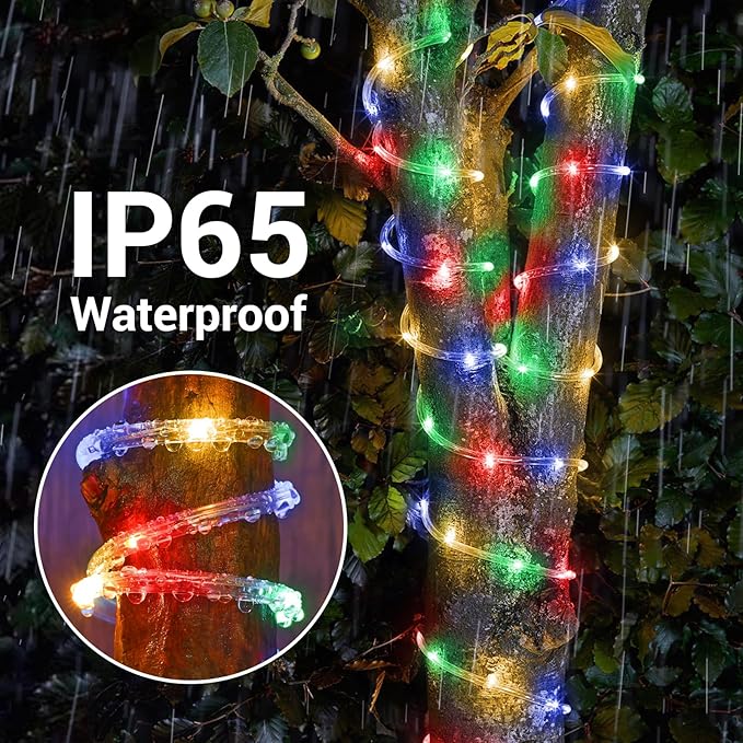 Solar Rope Lights, 2 Packs Total 66ft 200LED Solar String Lights, 8 Modes Waterproof Solar Powered Outdoor Light, Flexible Clear Tube Light for Garden Backyard Patio Deck Pool Tree Decor - Multicolor
