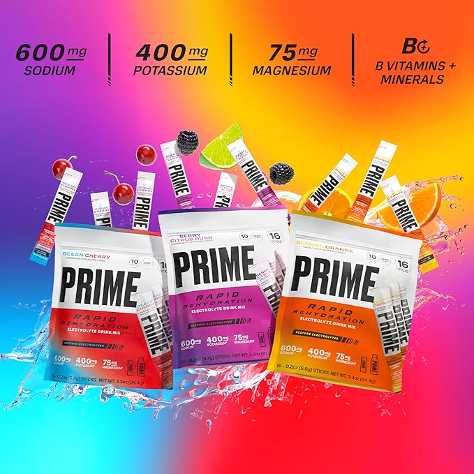 Prime Rapid Rehydration Electrolyte Powder Sticks, Ocean Cherry, Sugar Free Hydration Drink Mix with Sodium, Potassium, Magnesium & B Vitamins to Replenish Fluids, Caffeine Free, 16 Count
