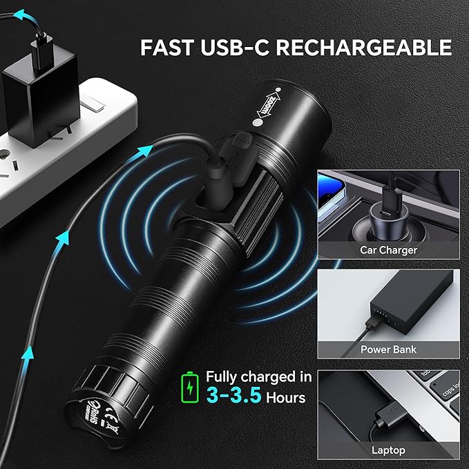 3Pack Rechargeable Flashlights High Lumens, Super Bright Flashlight with LCD Digital Display, 5 Modes Adjustable LED Flashlight Tactical Flashlights High Powered, Flash Lights for Emergency