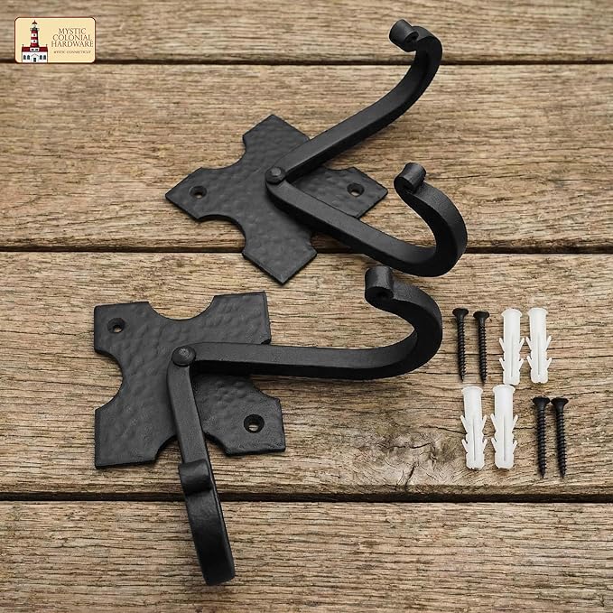 Mystic Colonial Rustic Cast Iron Wall Hooks, Heavy Duty Retro Utility Hooks for Hanging Coat, Bag, Towel, Robe, Hat and More, Mounting Hardware Included, Pack of 2, Black