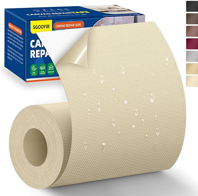Self-Adhesive Canvas Repair Tape, 4" x 79" Waterproof Canvas Repair Patch, Fabric Patch Repairs Kit for Furniture, Tents, Sunbrellas, Boat Covers Awnings, Couches, Clothes, Bags Light Beige