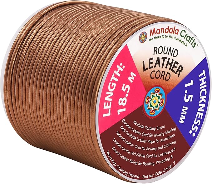 Mandala Crafts Round Genuine Bronze Leather Cord for Jewelry Making – 1.5mm Cowhide Leather Rope String Lace for Kumihimo – 20 Yards Cowhide Craft Cording Spool