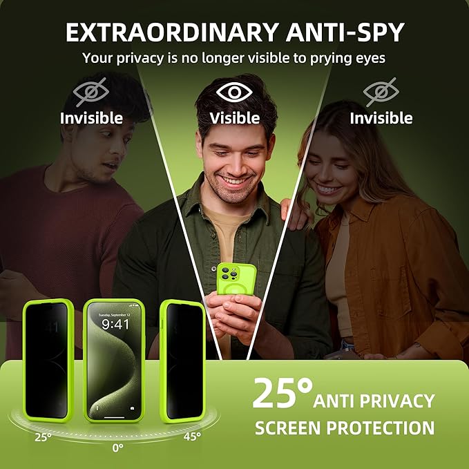 TIESZEN for iPhone 15 Pro Max Case, Compatible with MagSafe, Built-in Privacy Screen Protector and Camera Protection, Anti Spy Full Body Dustproof Shockproof Hard Phone Case 6.7", Matte Green
