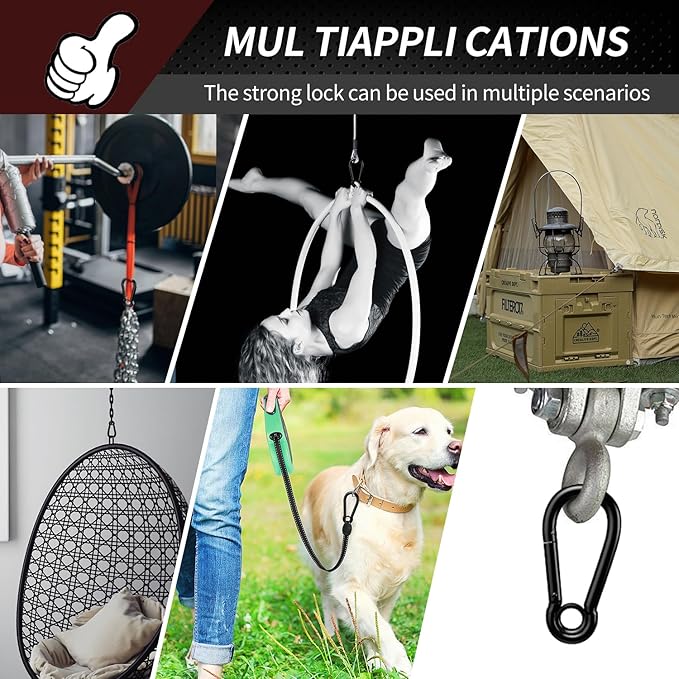 Spring Snap Hooks, Black Carabiner Clip, Heavy Duty Rope Connector, Quick Link Carabiners Spring Snap Hooks for Indoor & Outdoor, Camping, Fishing