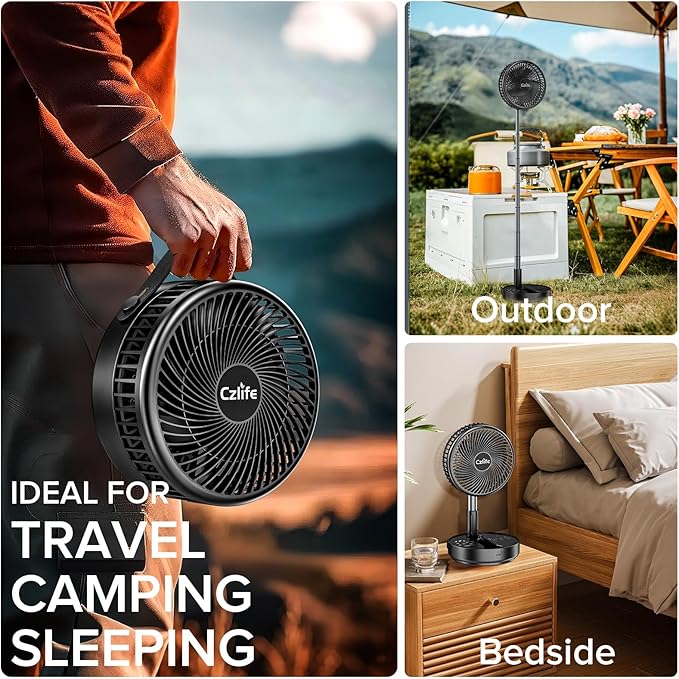 Czlife F9 Portable Fan, 10000mAh Rechargeable Battery Powered for Travel Sleeping Camping Bedroom Outdoor, Cordless Floor Desk USB Fan with Remote, 4 Speed, Timer, 7.7" (Black with Case&Charger)