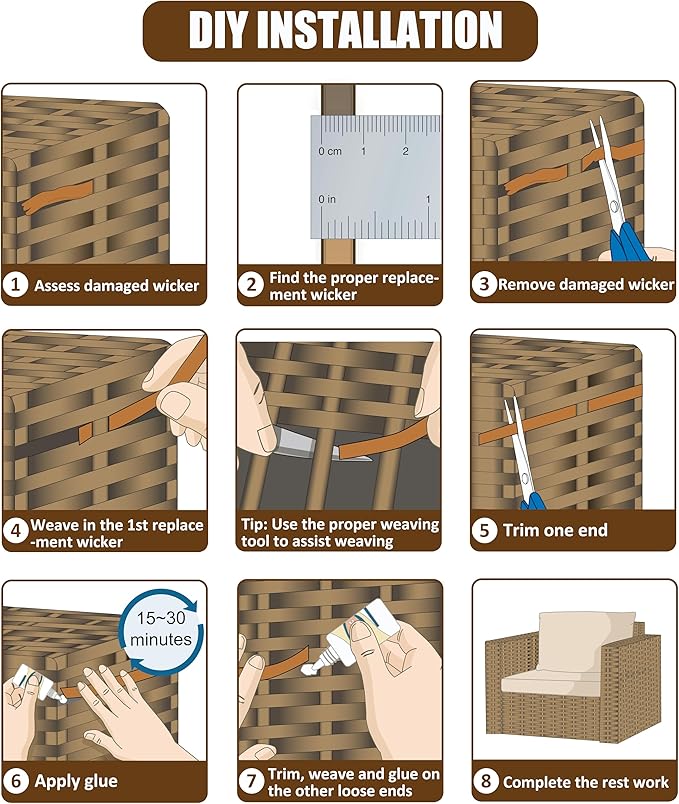 480 Ft Wicker Repair Kit, Plastic Wicker Repair Supplies, Gradient Dark Brown with Visible Mixed Color Stripes, Synthetic Rattan Replacement Material for Patio Furniture Repair