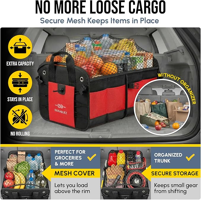 2-Section Foldable Trunk Organizer – Compact Car Storage for Groceries, Kids Items, Travel Gear – Dual-Compartment Cargo Bin with Cover Net – Red
