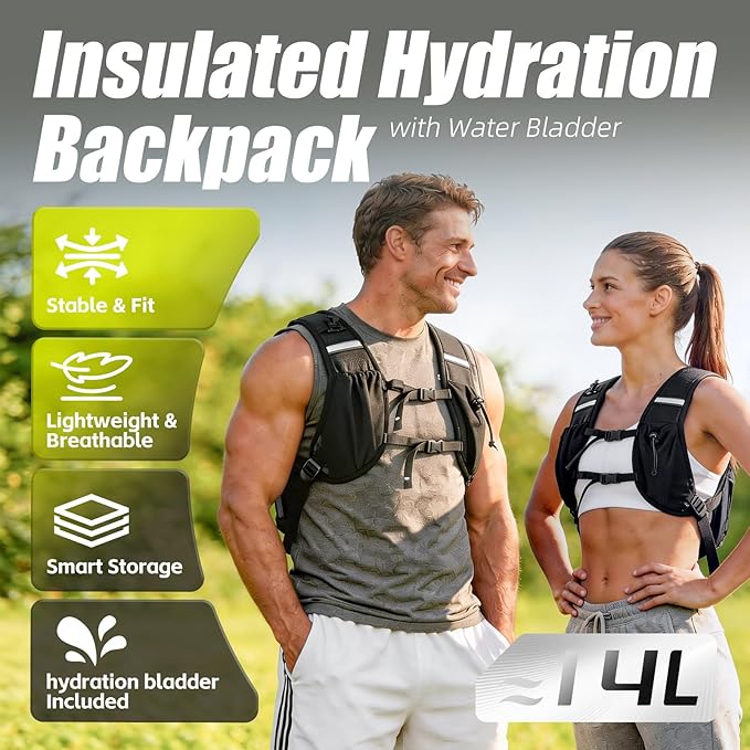 Hydration Pack Backpack, Insulated Hiking Water Backpack with 1.5L Water Bladder, Running Hydration Vest Backpack for Men Women, Hydro Daypack for Hiking, Cycling, Climbing, Rave