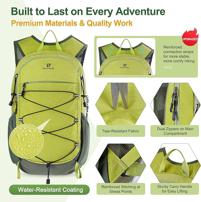 BECOJADDE Hiking Backpack 20L Small Backpack Packable Day pack Water Resistant Lightweight Travel Backpack for Women Men with Shoulder Strap Pockets for Hiking Camping Outdoor, Green