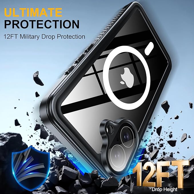 ANTSHARE for iPhone 17 Case, Compatible with Magsafe, IP68 Waterproof Case, [Built-in Screen Protector] - 12 FT Military Dropproof - Full Body Heavy Duty Rugged Phone Cover - Black/Clear