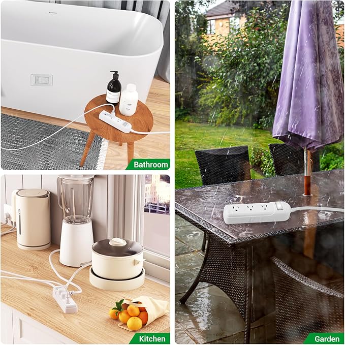 Outdoor Power Strip Weatherproof - IPX6 Waterproof 14.7ft Extension Cord 3 Widely Outlets Overload Protection Shockproof Flat Plug Wall Mountable for Outdoor Indoor ETL,White