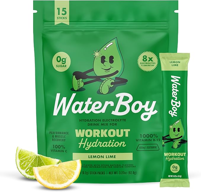 Waterboy Workout Hydration | 2,960mg Sugar Free Electrolyte Powder Packets | L-Glutamine + Vitamins | No Sugar, All Natural, Gluten Free | 15 Drink Stick Mixes (Lemon Lime)