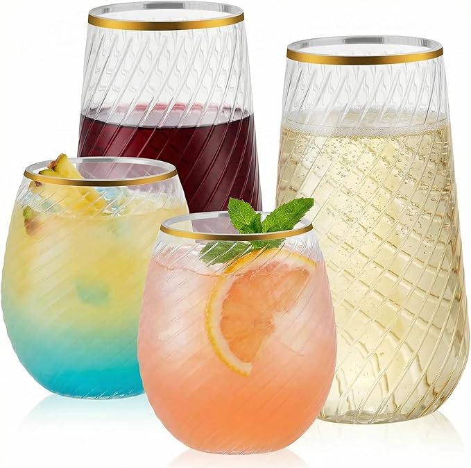 48 Pack Plastic Wine Glasses – 24 x 9oz Stemless Champagne Flutes & 24 x 12oz Disposable Wine Glasses – Plastic Cups with Gold Rim – BPA-Free Drinkware for Weddings, Parties (Gold Rim Hammered)