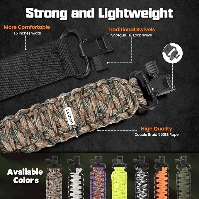 Double Braide 550LB Shotgun Sling 2 Point Paracord Rifle Sling,Non-Slip Traditional Adjustable Gun Sling for Hunting Shooting Camping
