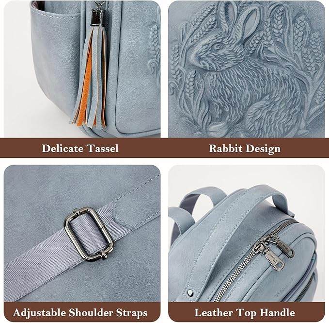 Mini Backpack Purse for Women,Embossed Leather Small Backpack Fashion Travel Backpacks Daypacks Shoulder Handbag(BLUE-Rabbit)