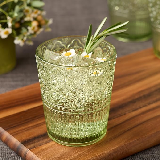 Certified International Victoria Green Set of 6 Premium Acrylic DOF Glass 16 oz – Unbreakable Drinkware with Elegant Embossed Design, Perfect for Indoor & Outdoor Use
