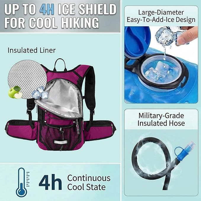 Miracol Hiking Hydration Backpack with Bladder: 2L Water Reservoir for 8H Hydration - Insulated Keep Water Cold 4 Hours - Adjustable Straps Comfortable for Day Hiking/Cycling/Half Marathon (Rose)