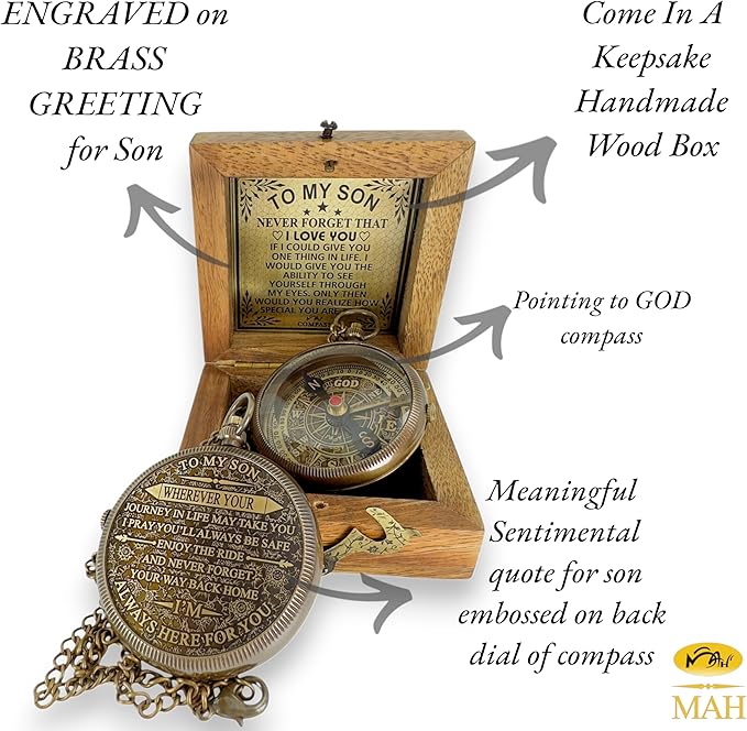 Brass Compass Gift to My Son Never Forget I Love You, Sentimental Keepsake from Mom Dad Grandparents, Inspirational Guidance Compass Gift for Son Graduation Birthday Baptism Confirmation Gift Idea