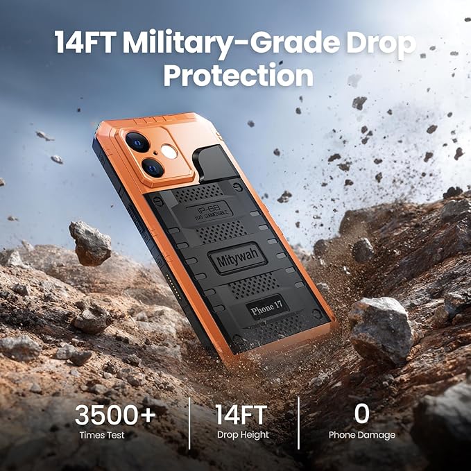 Mitywah Waterproof Case for iPhone 17, Rugged Metal Case with Built-in Screen Protector, Heavy Duty Full Body Shockproof Protective Cover 6.3 inch, Orange