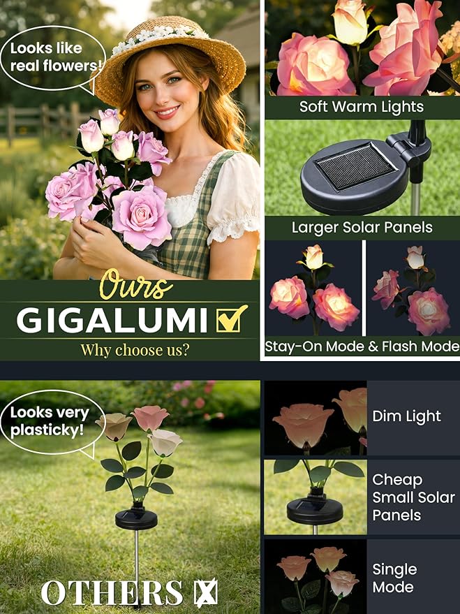 GIGALUMI Solar Lights Outdoor for Garden Decor, 3 Pack Solar Flower Lights Waterproof, 2 Lighting Modes 9 Roses for Pathway,Yard, Patio Decoration, Gardening Gifts for Women (Purple)