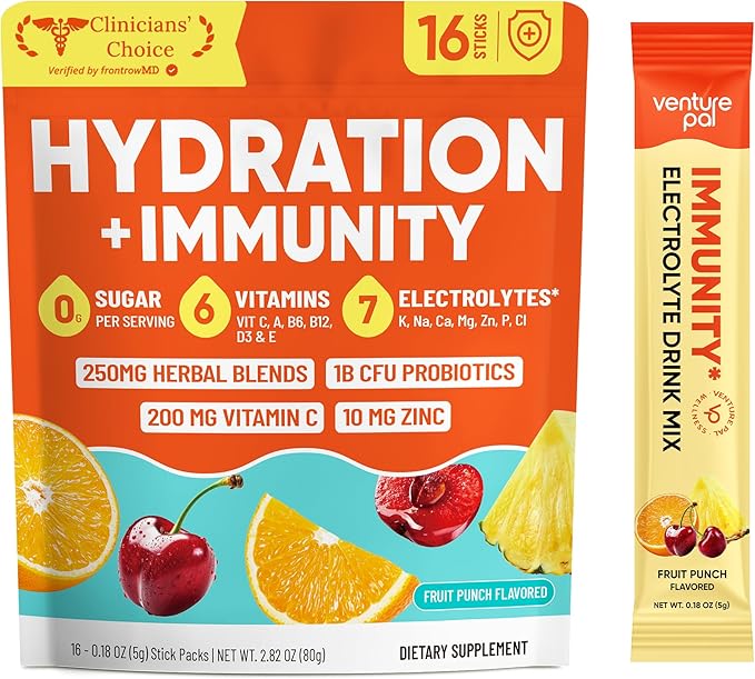 Venture Pal 2-in-1 Hydration + Immune Electrolytes Powder Packets with 7 Electrolytes & 6 Vitamins, Elderberry, Turmeric, Echinacea | Liquid Daily IV Drink Mix | Sugar Free | Keto Friendly, 16 Sticks