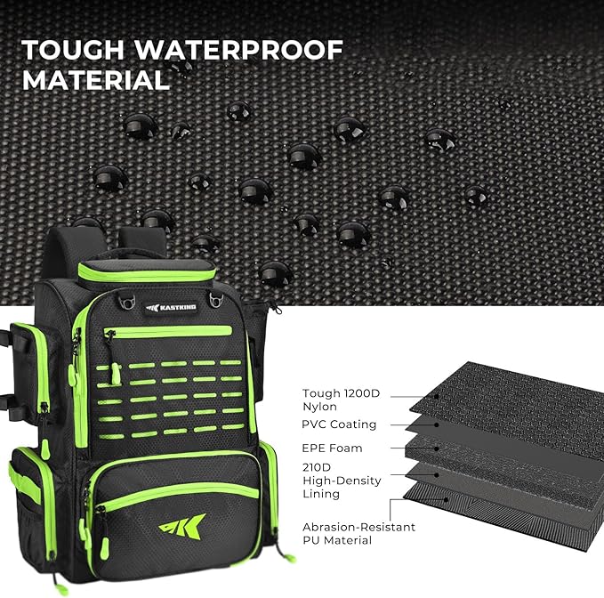 KastKing Bait Boss Fishing Tackle Backpack with Rod Holders-4 Tackle Boxes-Rain Cover,45/43L Large Storage for Fishing Gear