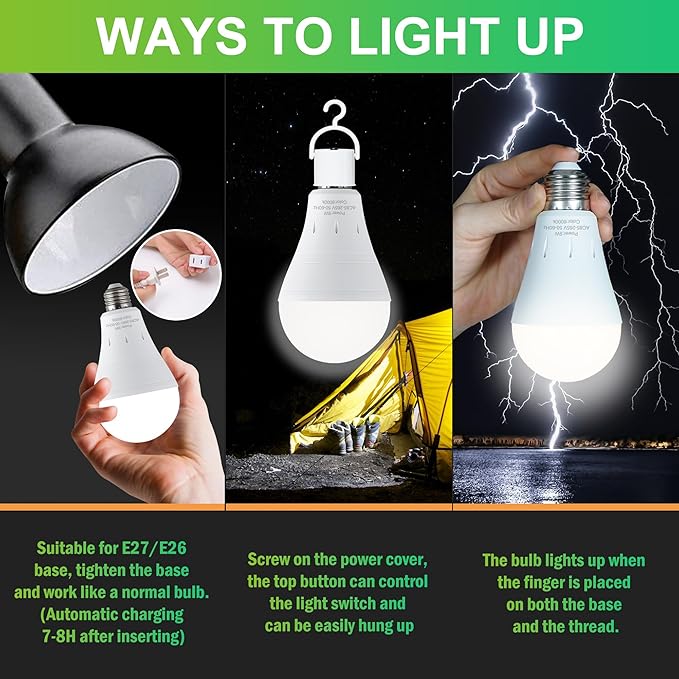 DEBAOBULB6 Pack Rechargeable Emergency Light Bulbs, Battery Powered LED Light Bulb 6000K Daylight E26 120 Volt 9W 60W Equivalent with 1200mAh for Home Power Outage Camping Hurricane