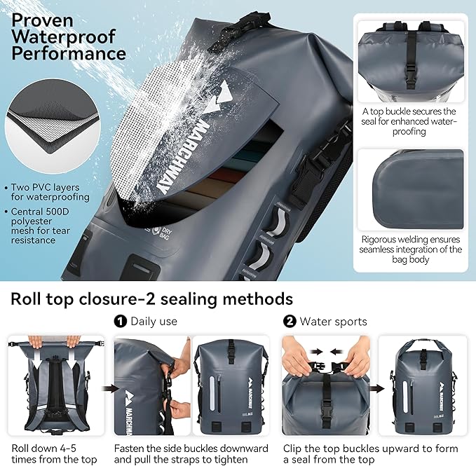 MARCHWAY Roll Top Waterproof Backpack, Floating Dry Bag 20L/30L/45L with Ergonomic Rectangular Base, Cushioned Back, Hip Strap for Hiking Camping Kayaking Travel (Grey, 45L)