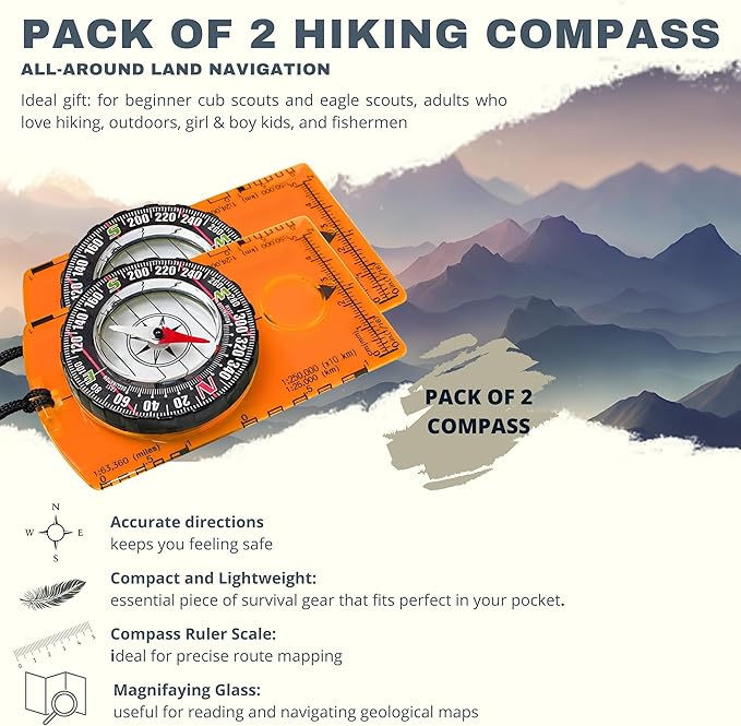 Trekker's Compass Crew Orienteering Compass, Pack of 2, Magnetic Navigation Set for Hiking, Camping, Backpacking, Scout Activities