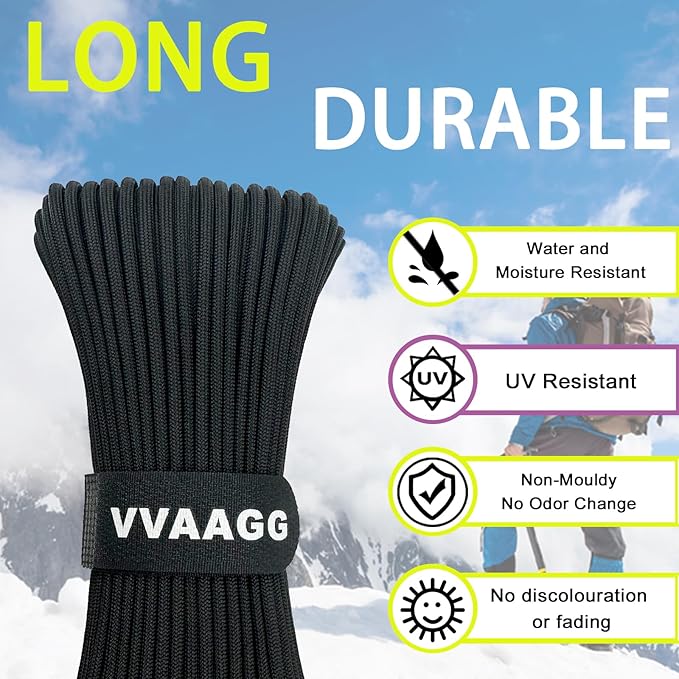 VVAAGG 1000 Black Paracord Rope 100FT Utility Nylon Heavy Duty 12 Strand Parachute Cord for Camping, Tent, Clothsline, Outdoor Hiking, Fishing, Survival Braceletand, Weatherproof Rope (100FT)