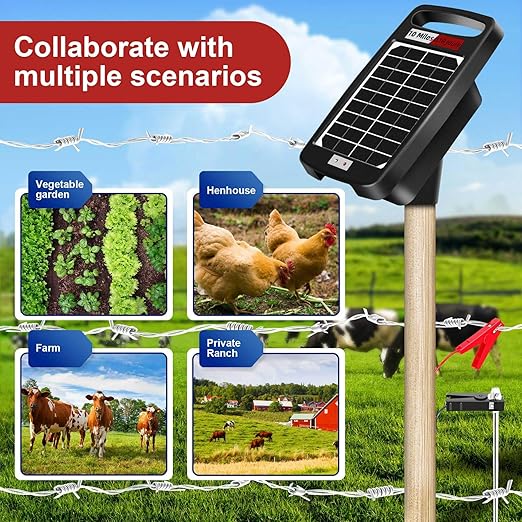 10 Miles Solar Powered Electric Fence Charger – 0.18J Output, 24/7 Day/Night Protection, Portable Fence Energizer for Dogs, Chickens, Garden, Livestock, Rechargeable Solar Panel, Rugged & Waterproof