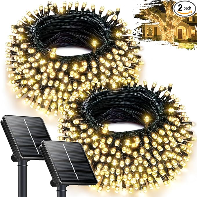 2Pack 240LED Solar String Lights Outdoor | Total 92FT Waterproof Solar Christmas Lights with 8 Modes & Memory, Auto On/Off Solar Powered Lights for Xmas Tree Garden Patio Wedding Decor (Warm White)