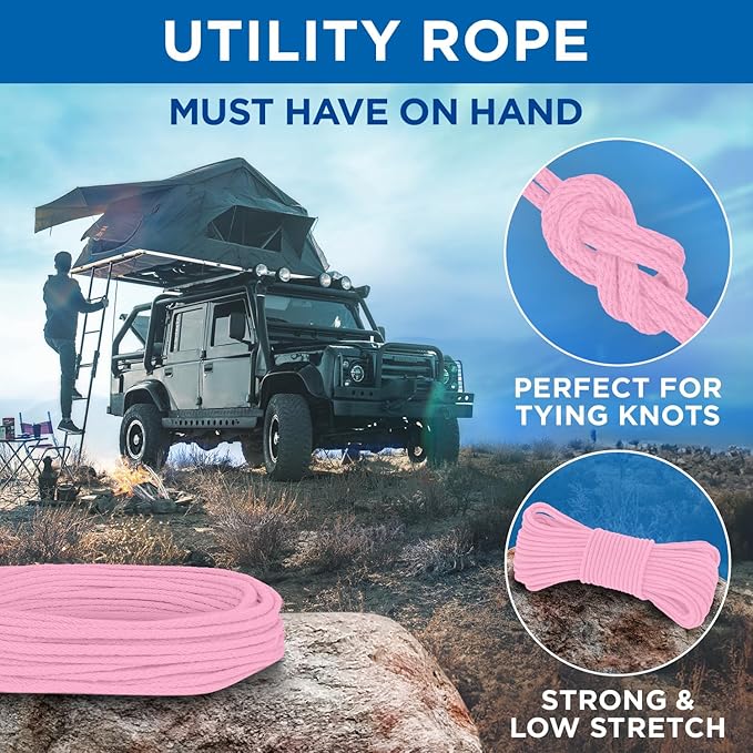 TECEUM Cotton Rope 3/16” (5 mm) – 50 FT – Strong All-Purpose Braided Rope – Natural Cotton – for Crafting, Сamping, Clothes Line, DIY, Indoor & Outdoor Use – Pink