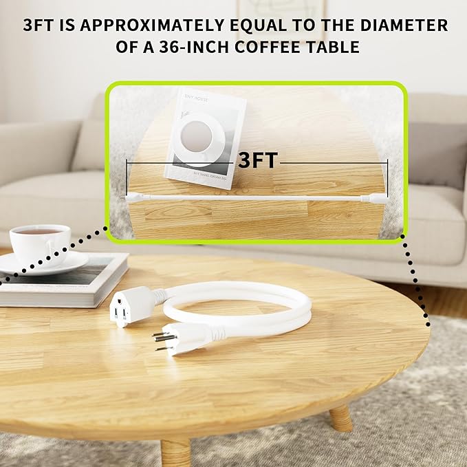 16/3 White Extension Cord 3 FT, Indoor Extension Cord for Laptops, Coffee Makers, Office Home Appliances, 3 Prong Resistant Cable Flexible, 13A 125V 1625W ETL Listed