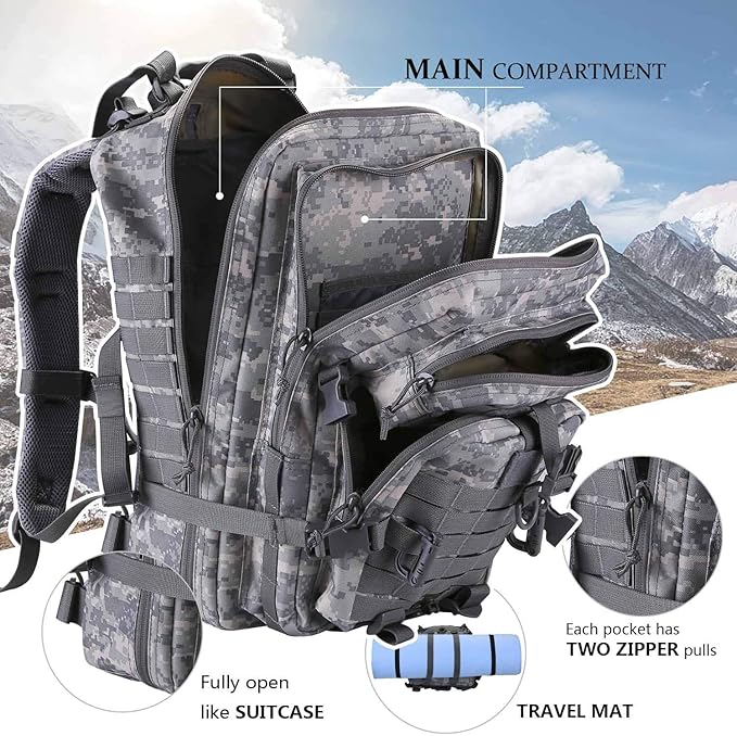 Hannibal Tactical MOLLE Assault Backpack, Tactical Backpack Army Military Camping Rucksack, 3-Day Pack Travel Trip w/USA Flag Patch, D-Rings, ACU Camo